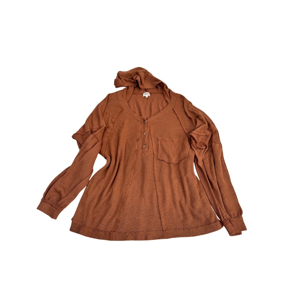 BKE Womens Oversized Thermal Henley Hoodie Rust Brown Waffle Knit L